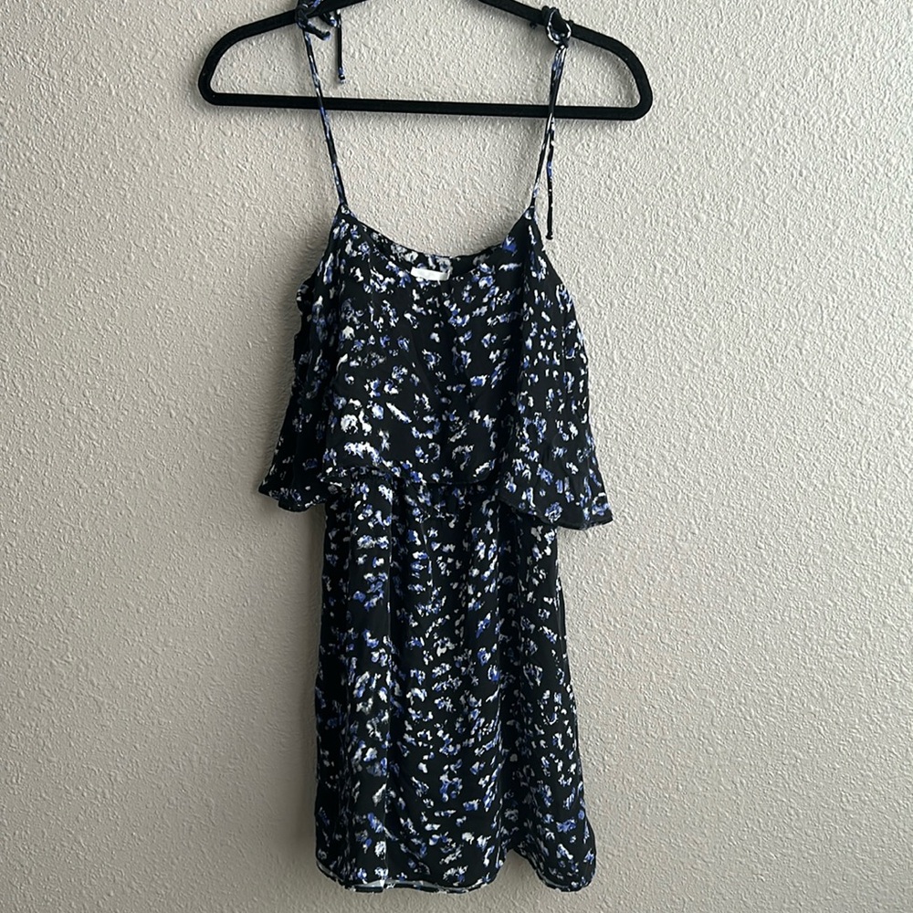 Parker Black Floral 100% silk tie strap tank dress‎ M